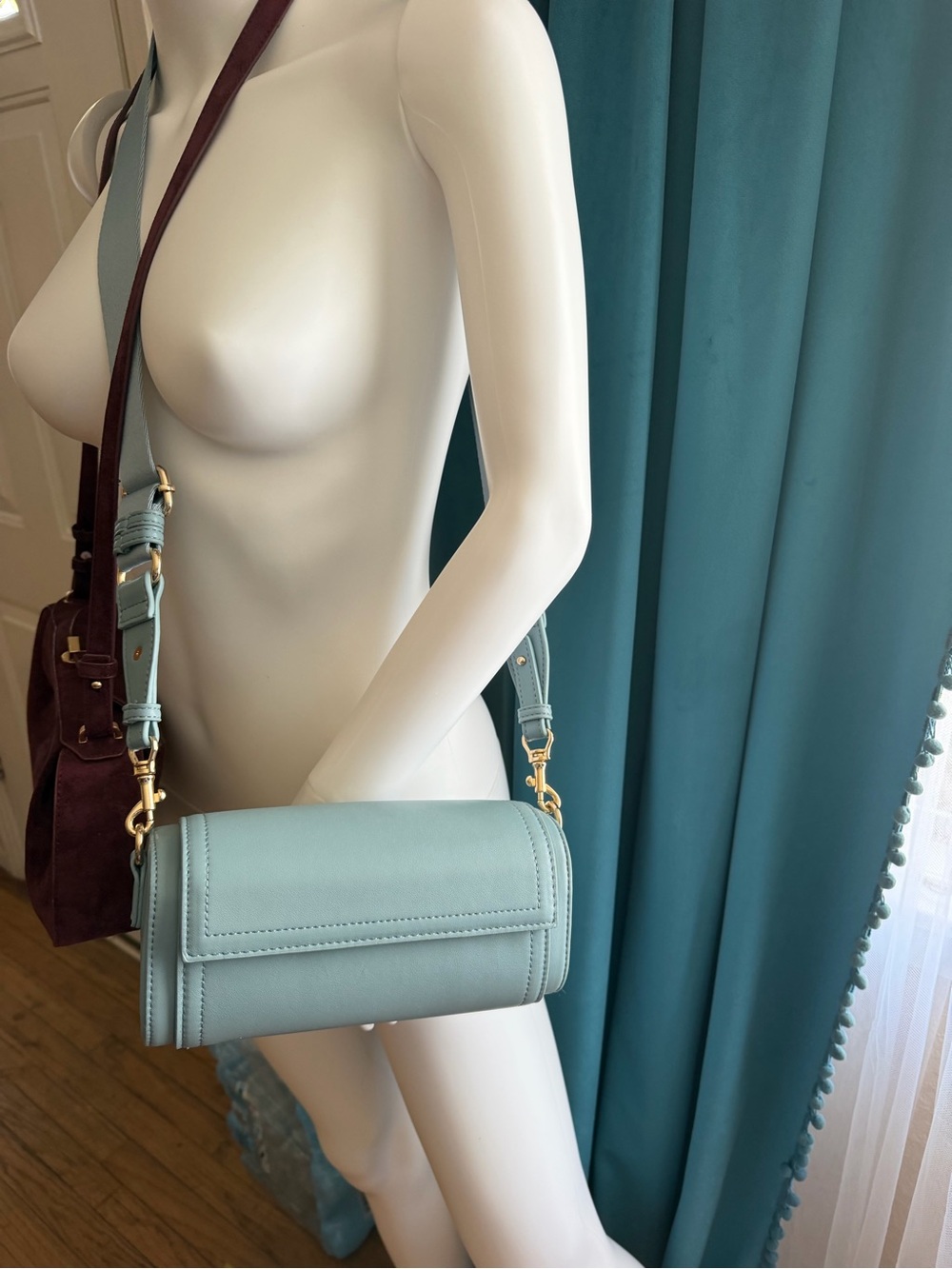 Light Blue Leather Cylinder Crossbody Bag - Unbranded